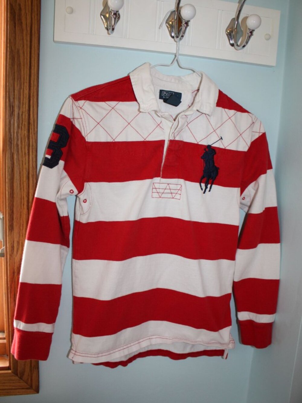 POLO RALPH LAUREN Size 10-12 M Red White Striped Long Sleeve Rugby Top Big Pony